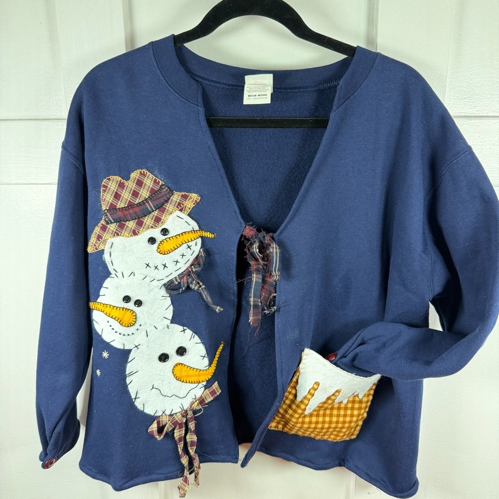 Navy Blue Hanes ComfortSoft Snowman Applique Open Front Sweatshirt Sz M READ